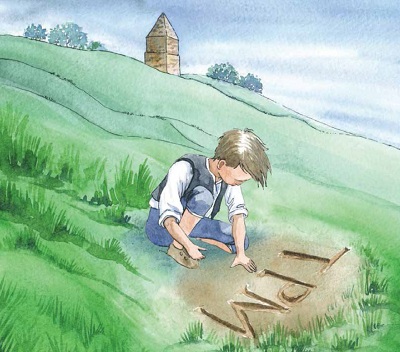 A young William Wordsworth discovering the letters TPM carved into the turf